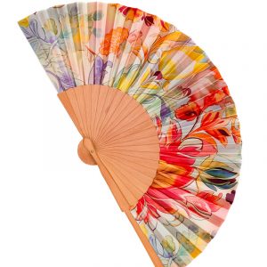 Folding handheld Fan made of Wood and Artificial Silk, handcrafted in Spain. Art Nouveau style